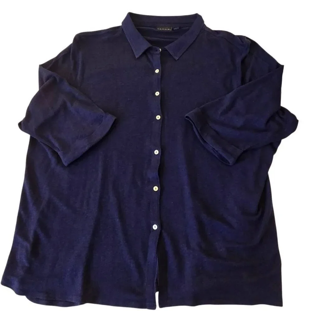 Tahari Womens Linen Blend Button Front 3/4 Sleeve Blouse Top Navy Blue Size 2X - Picture 4 of 11
